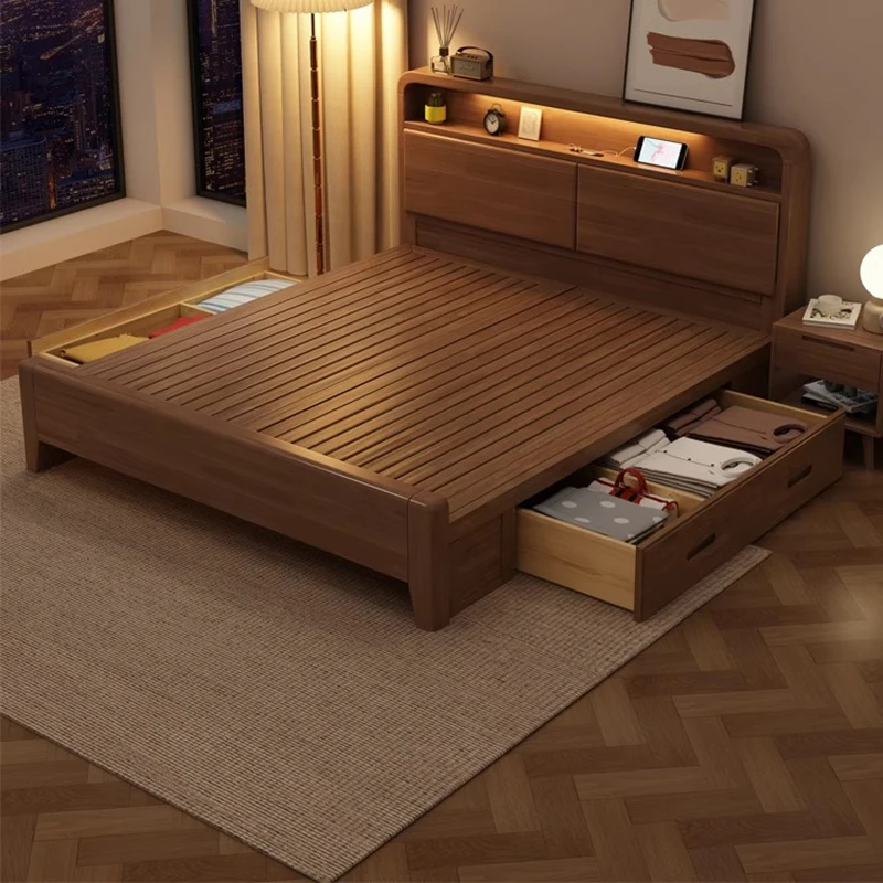 Floor Leather Bed European Simple Bedroom King Size Double Bed Sleeping Design Wooden Space Saving Muebles Trendy Furniture