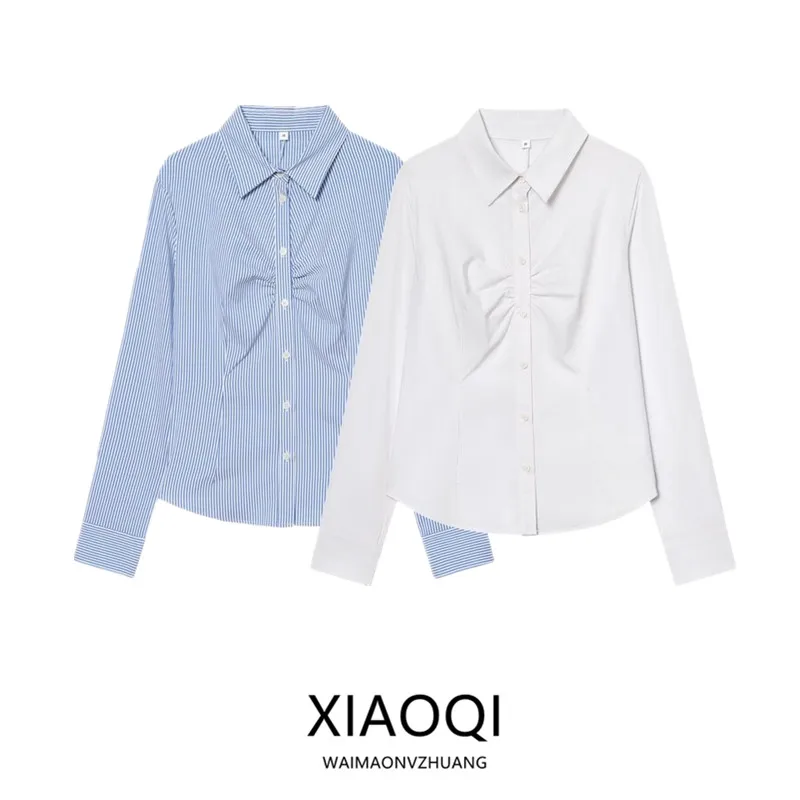 Slim Fit Longo Sve irt Gola Plissado Design Versátil Sle Feminino Faion Outono Inverno Nova Chegada Commute Sle