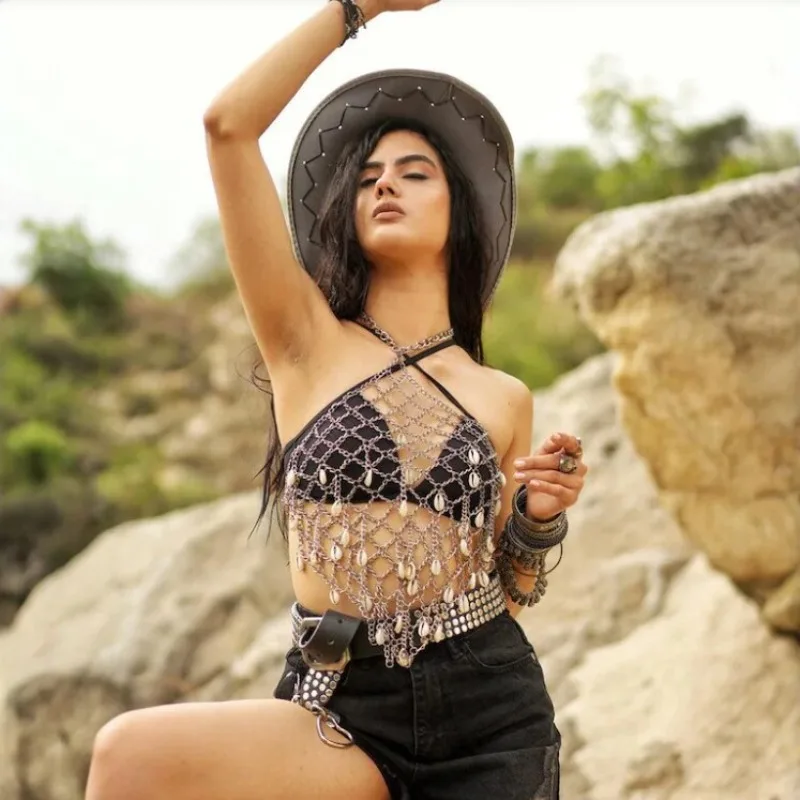 

Shiny Rhinestone Mesh Halter Neck Top Sexy Hollow Out Sleeveless Vest Trendy Beach Vacation Nightclub Party Streetwear Outfit