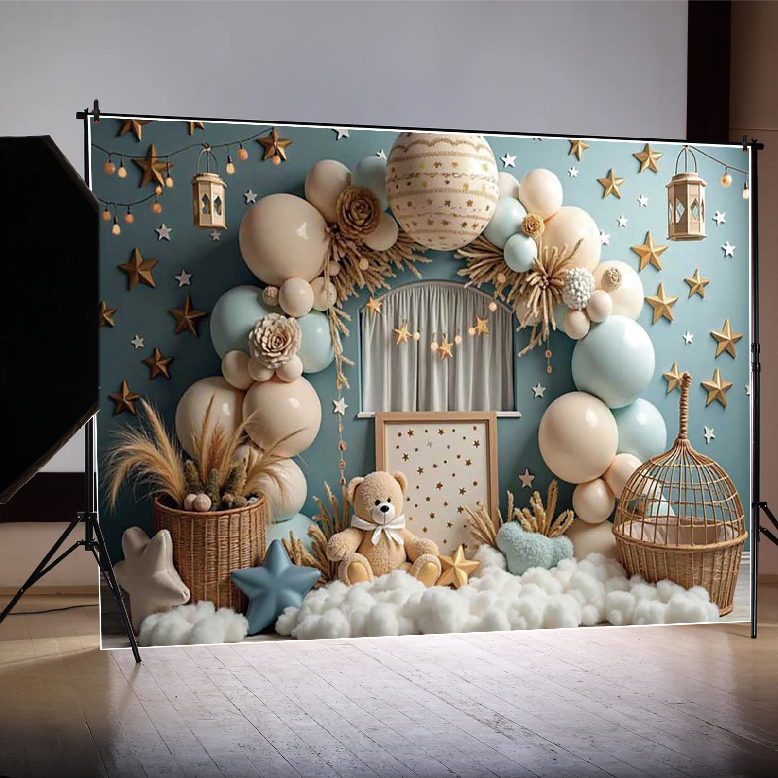 MOON.QG Baby Newborn Birthday Items Background Photography Teddy Bear Arch Balloon Star Photocall Backdrop Children Studio Sets