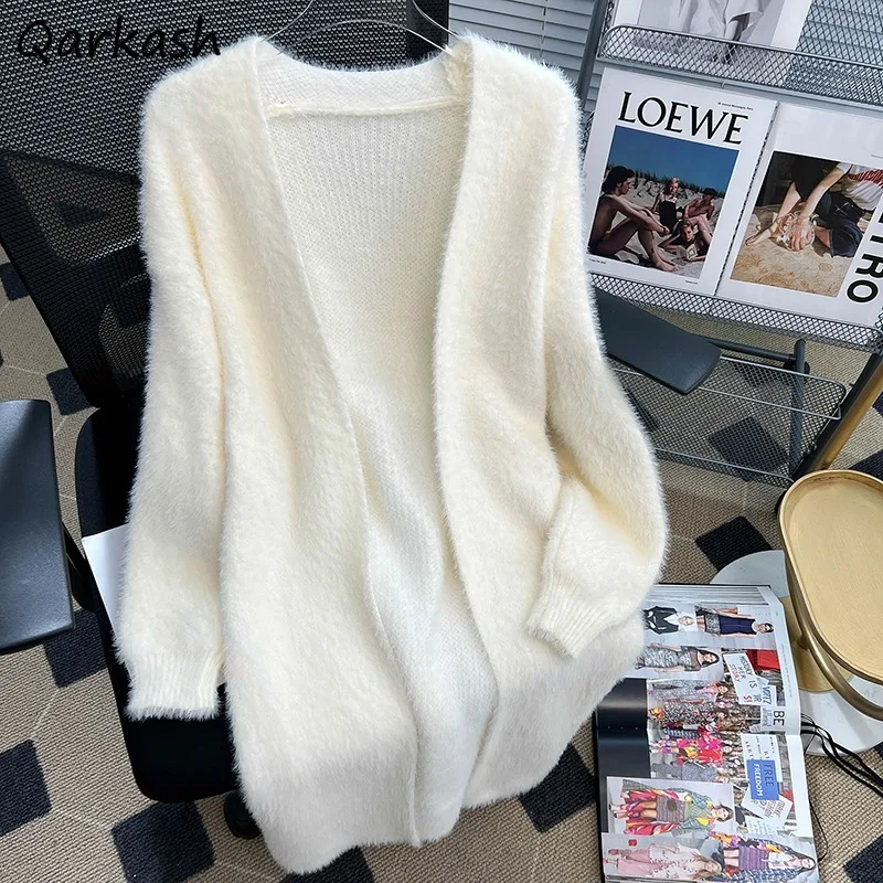 Cardigan lavorato a maglia in peluche da donna maglioni lunghi con scollo a V solido allentato semplice confortevole morbido primavera autunno