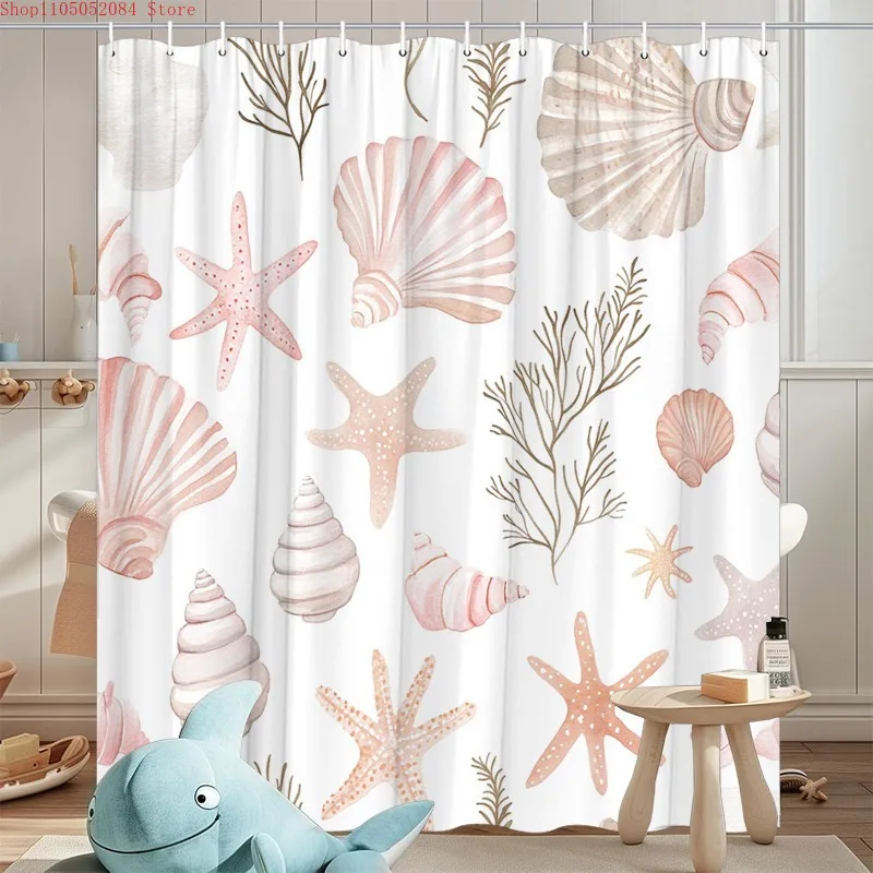 1pc seashell sea creatures shower curtain soft watercolor -  With Hooks Waterproof Mildew Proof Easy Install Washable
