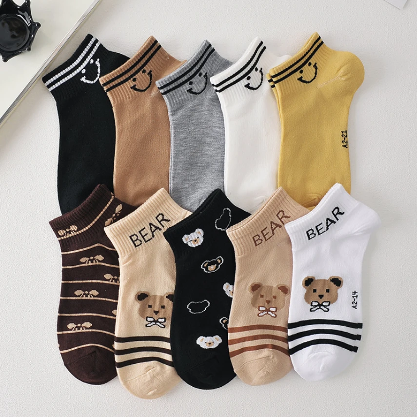 5 Pairs of High Quality Spring/Summer Short Women\'s Socks Cute Animal Striped Pure Cotton Ankle Breathable Girls Socks EU 35-39