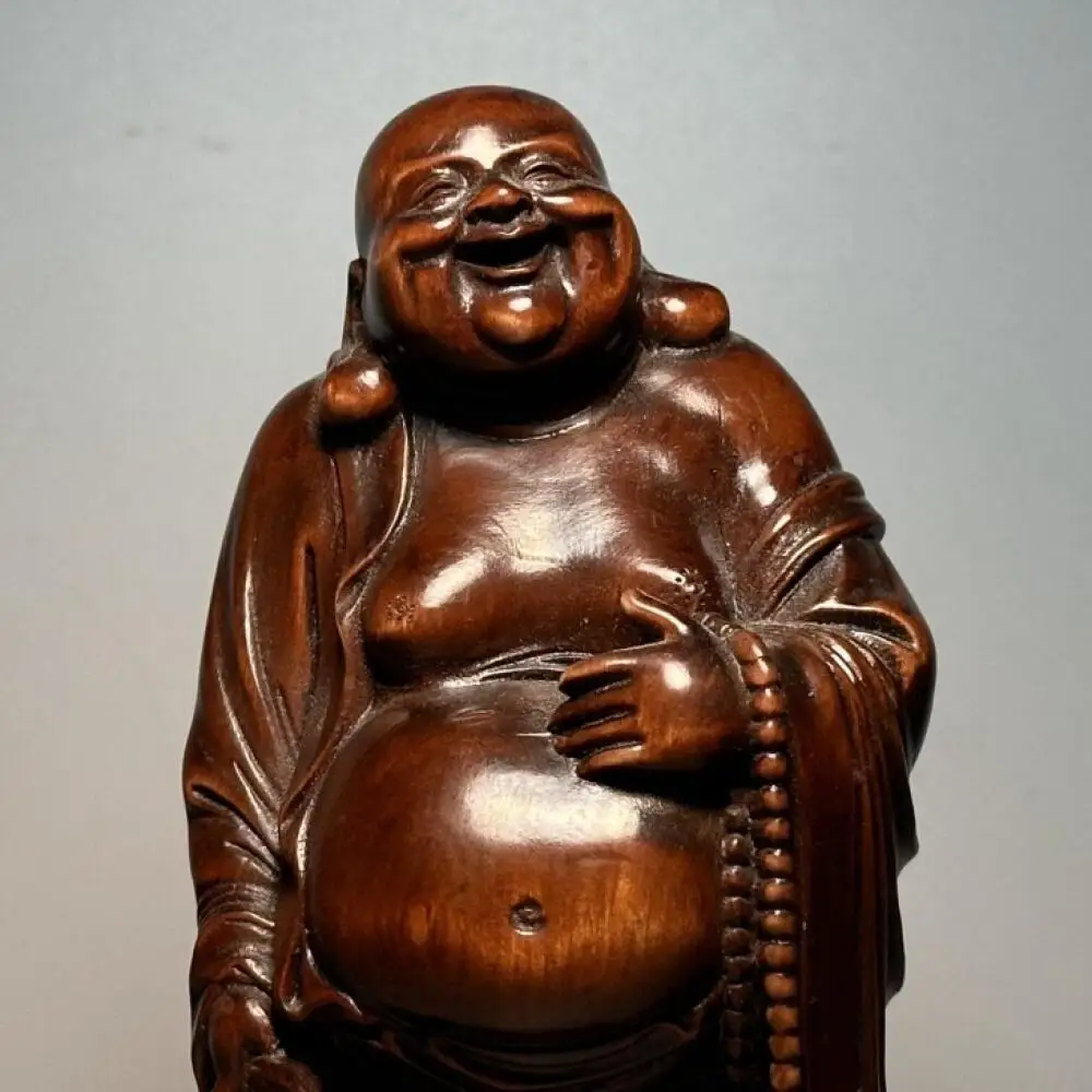 Hand Carved Boxwood Laughing Buddha Figurine Statue Vintage Wooden Maitreya Sculpture Oriental Desktop Decor Craft Gift
