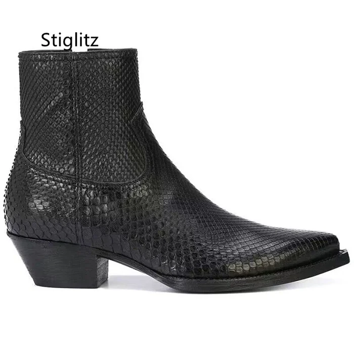 Snake Pattern Men\'s Ankle Boots Black Pointed Toe Zip Genuine Leather Chelsea Boots British Style Luxury Business Wedding Shoes