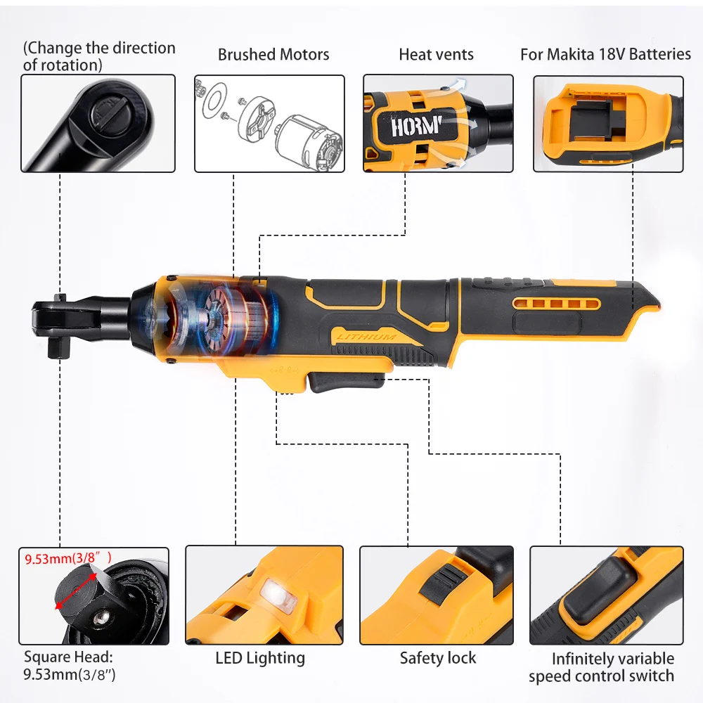 180Nm Cordless Electric Ratchet Wrench 3/8 Inch Angle Drill Screwdriver Removal Screw Nut Car Repair Tool For Makita 18V Battery