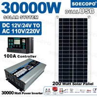 SOECOPO 30000W Solar System Kit  200W Panel Inverter (2 sockets) Dual voltage input 12V/24V To 110V/220V 100A Controller Camping