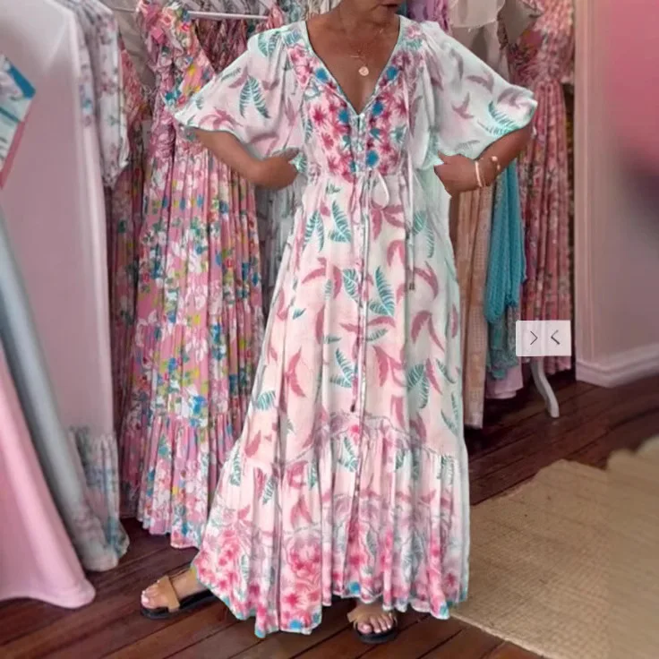 Elegancka plisowana sukienka z nadrukiem z dekoltem V dla kobiet Casual Holiday Long Lady Outfit 2025 Spring Summer A-Line Boho Maxi Dresses Vestido