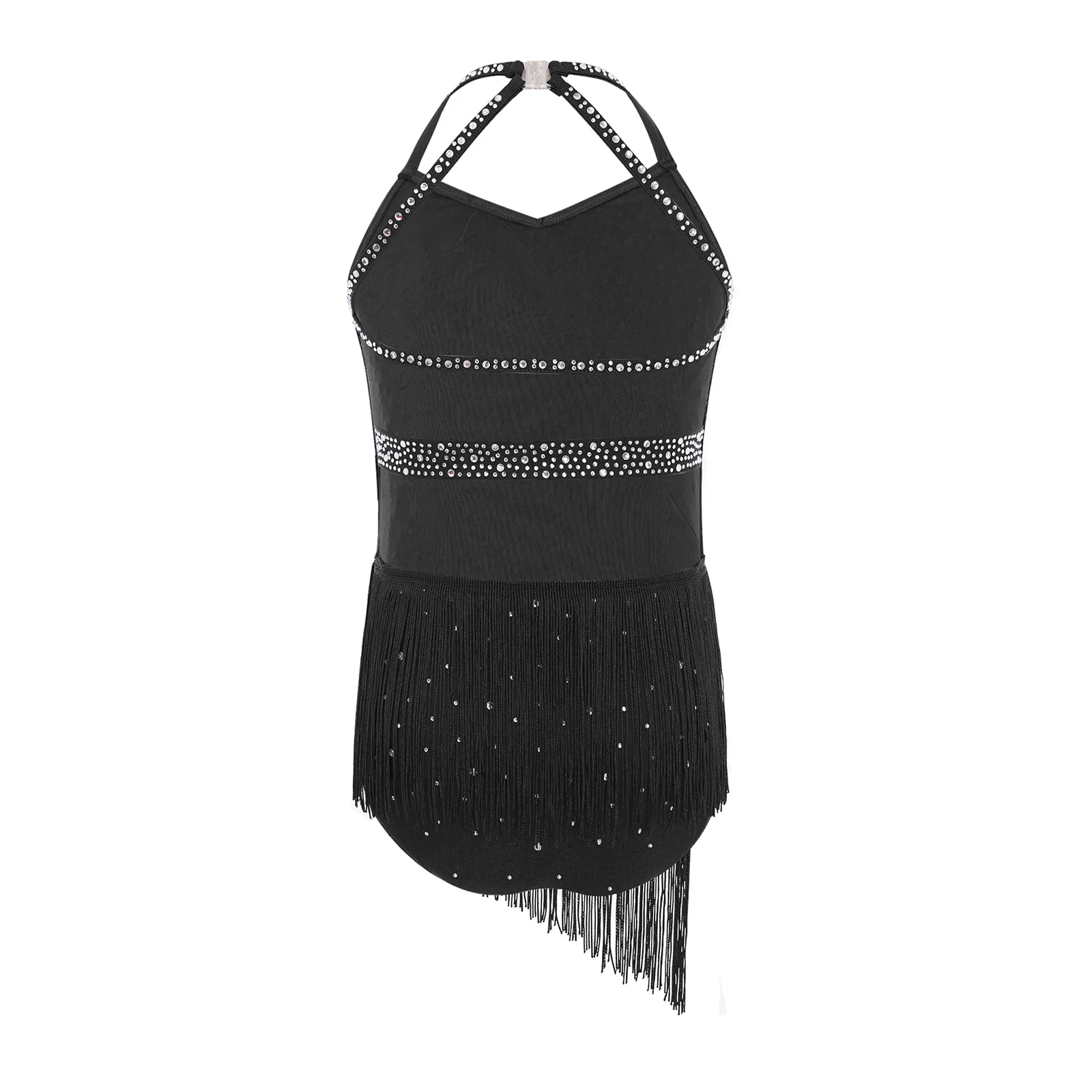 Kids Girls Latin Dance Leotard Sleeveless Halter V-Neck Backless Rhinestones Tassels Bodysuit for Figure Ice Skating Performance