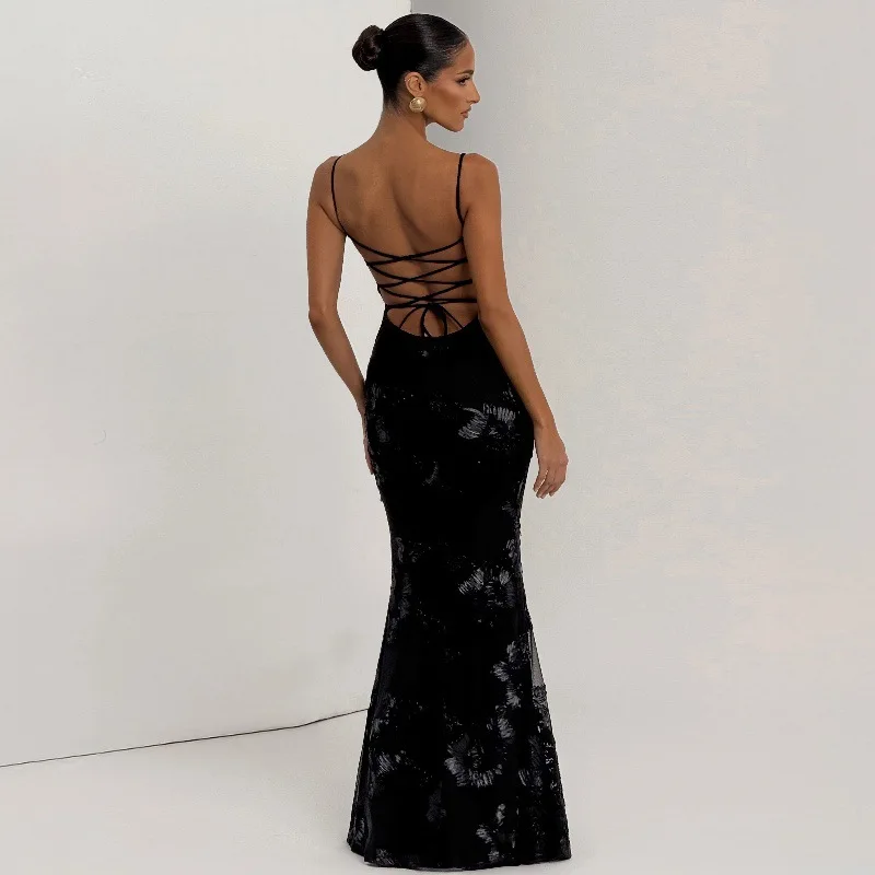 Spaghetti Strap Retro Print Women's Autumn Evening Dress Backless Deep-V Neck Bandage Gown Black High Waist Party Skirt Newest