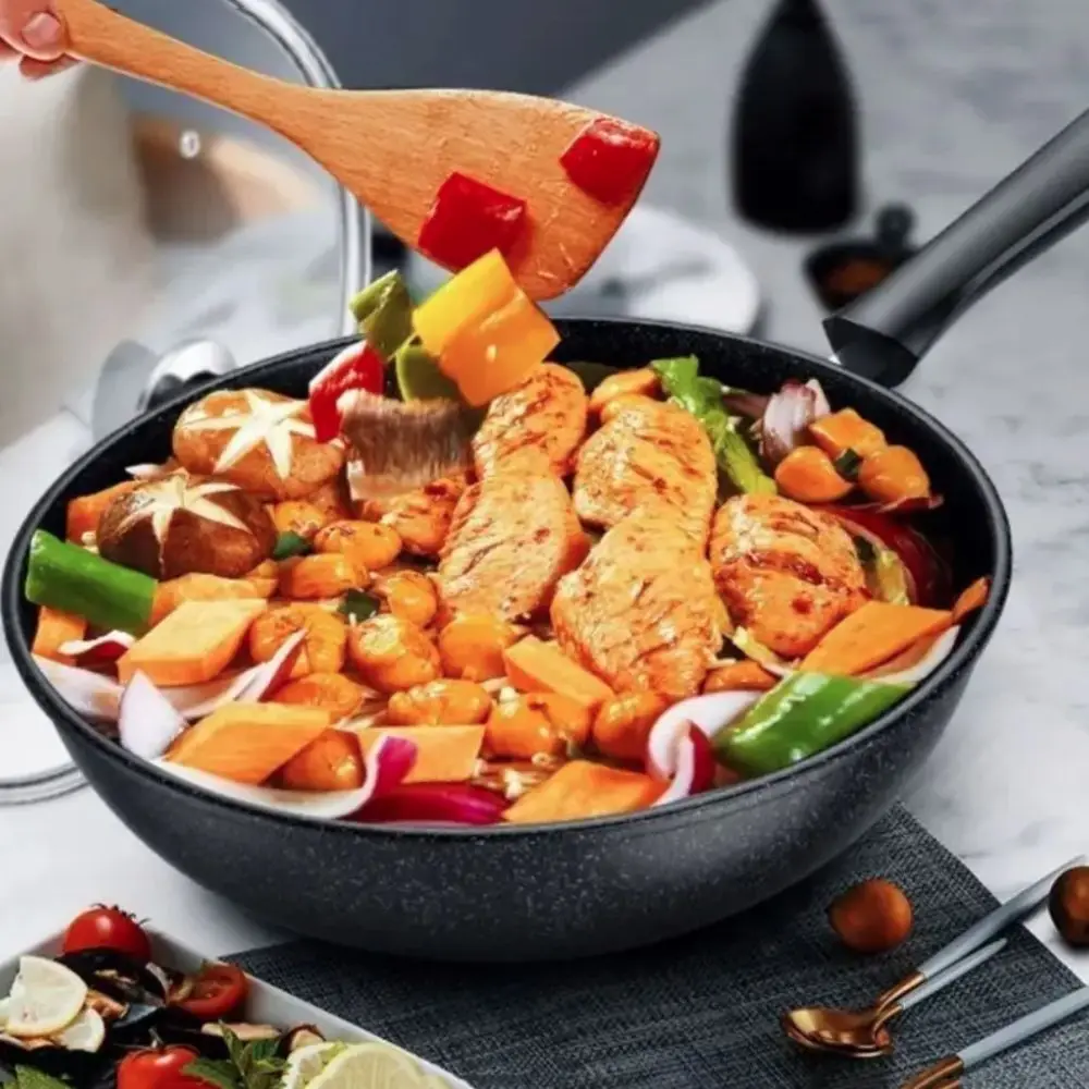 أواني طهي المطبخ غير لاصقة مقلاة مقلية مسطحة القاع مقلاة عالمية مع غطاء ووك شريحة لحم #2