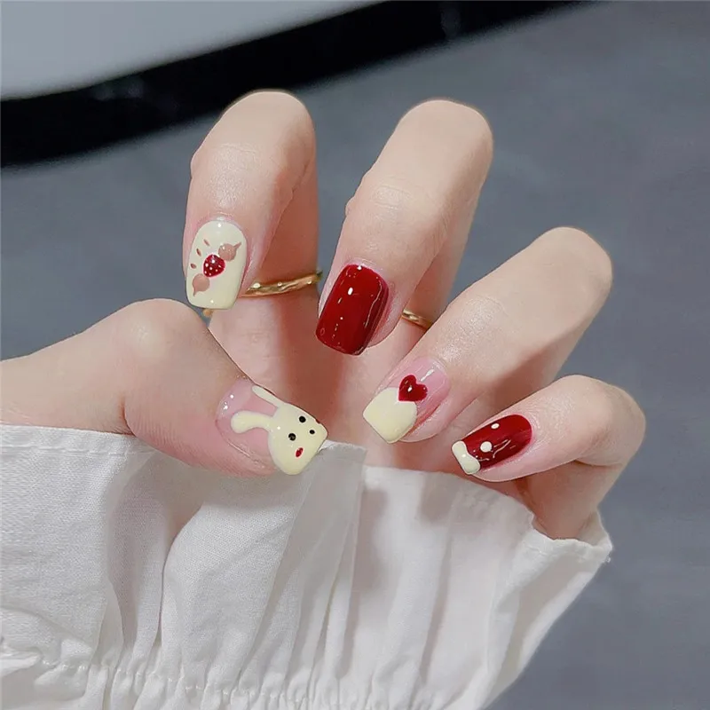 Cute Rabbit Nail Enhancement Short Red Tomatoes On Sticks Love Women False Nails Detachable Nail Enhancement Finished Product