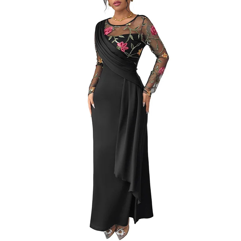 2025 ฤดูใบไม้ร่วงใหม่อารมณ์ย้อนยุครอบคอตาข่ายปักชุดแขนยาวสําหรับผู้หญิง