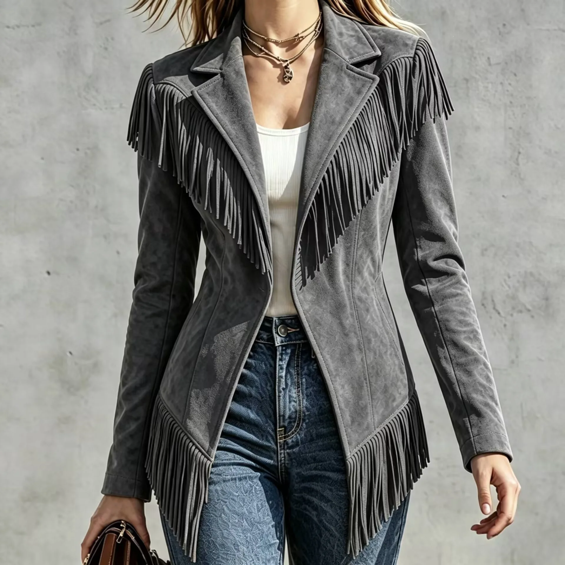Vintage Western Women's Suede Jacket 2026 Autumn Winter Fringed Slim Lapel Long-Sleeved Jacket Streetwear Casual Outerwear Tops