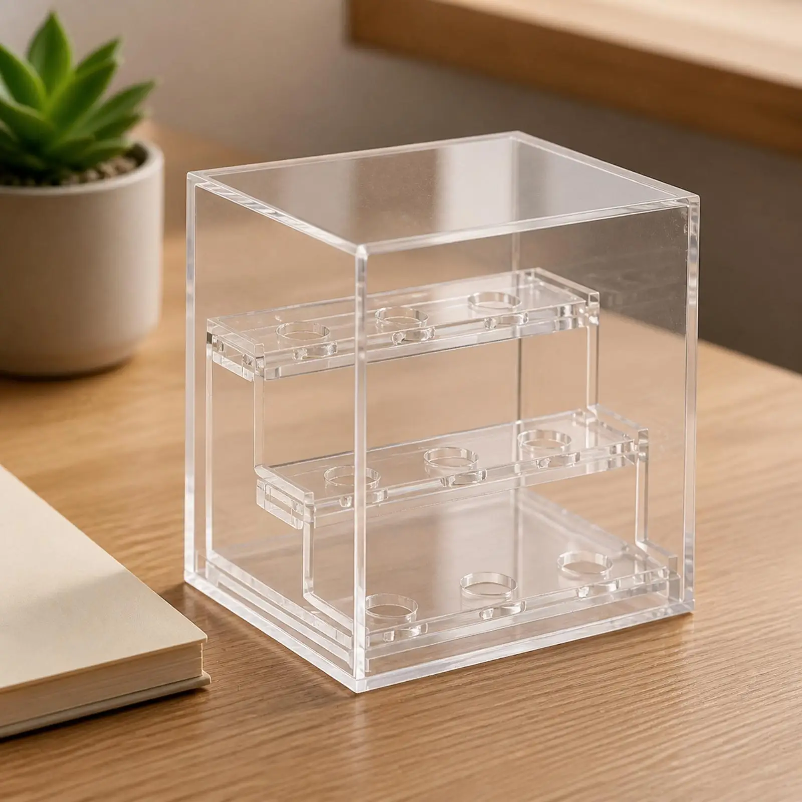 Acrylic Crystal Showcase with Circular Holder Openings for Stones Minerals Specimens Display Case for Desk Shelf Cabinet