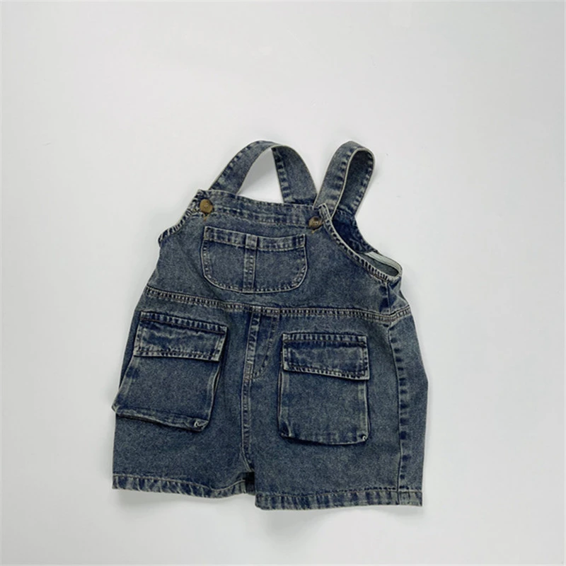 

2025 Summer New Vintage Girls Overalls Kids Boys Pocket Denim Strap Pants Children Jeans Shorts Fashion Baby Clothes