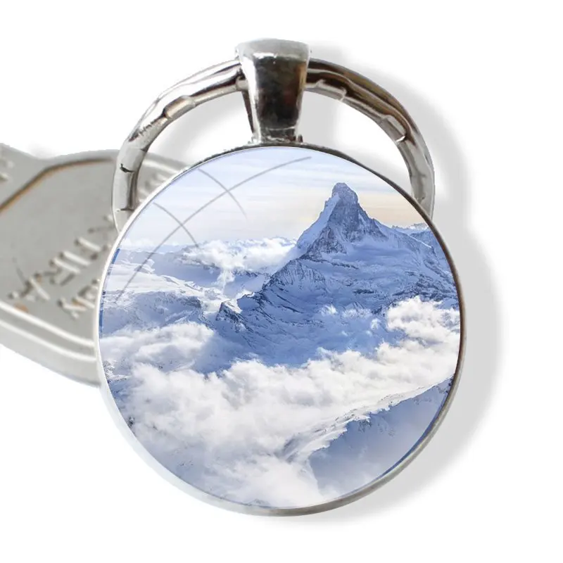 beautiful snow-capped mountains Glass Metal Pendant Key Chain Classic Men Women Key Ring Accessories Jewelry Gifts