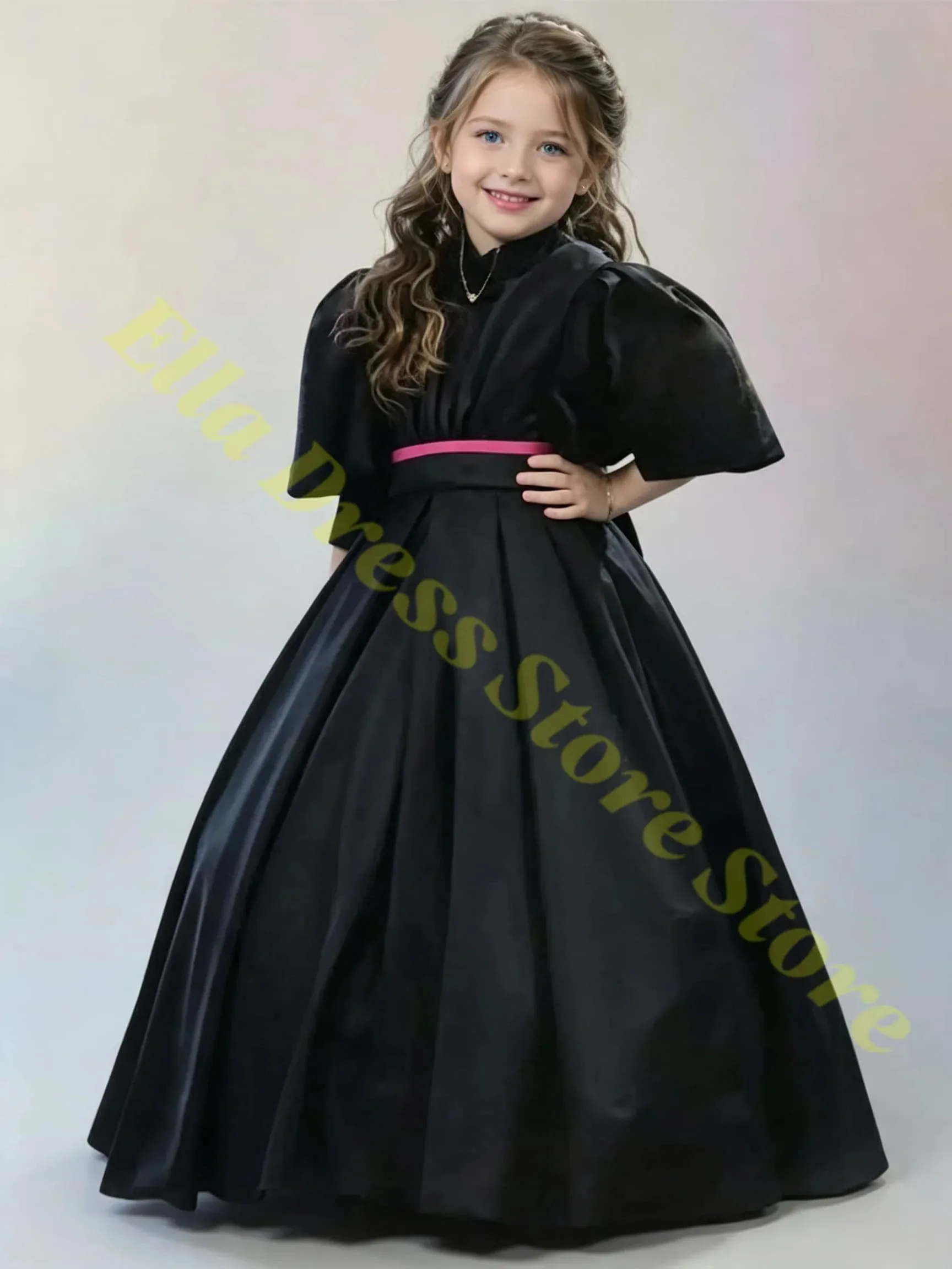 Großhandel Mädchenkleid Schwarzes Partykleid für Mädchen Puffärmel Drapierter Taft Blumenmädchenkleid Knöchellanges Kommunionkleid Maßanfertigung – Detail 1