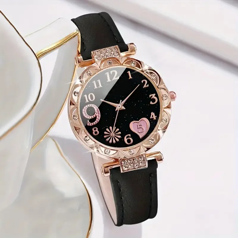 6 шт./компл. женские часы, модный циферблат в форме сердца со стразами, кожаный ремешок, кварцевые часы, набор браслетов в виде листьев (без коробки)