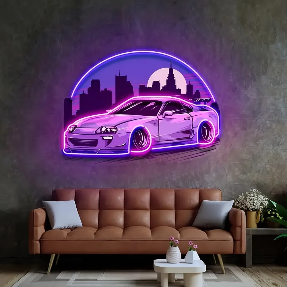 Purple Sports Car Skyline LED Neon Sign Dimmable Wall Light for Living Room Man Cave Bar Modern Home Decor Gift for Car Lovers