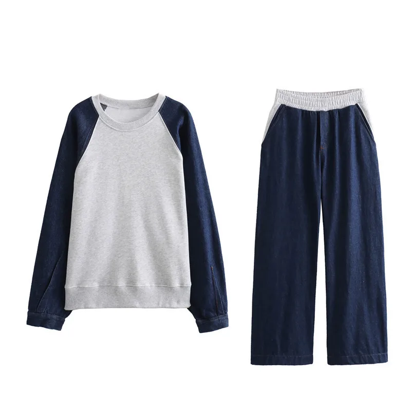 

European and American Women's Clothing Popular Fashion Casual Versatile Denim Splicing Sweater Trousers Set and Comfortable