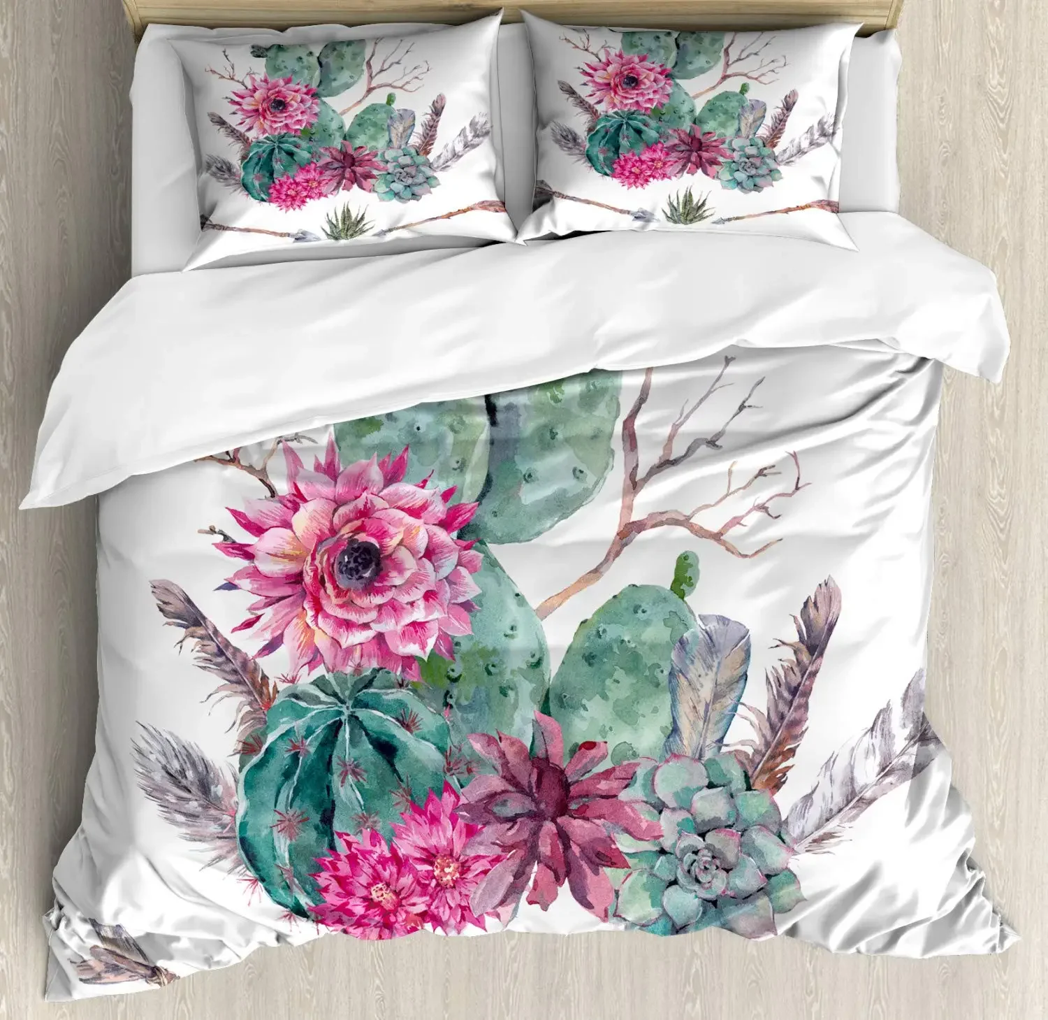 Cactus Duvet Cover Set Full Size Geometric Succulents Pattern Luxury Bedding Set Comforter Cover 1 Duvet Cover and 2 Pillowcases