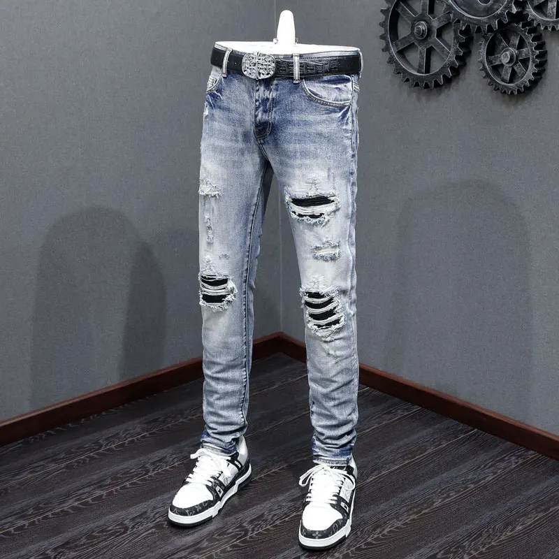 Streetwear Mode Heren Jeans Retro Blue Stretch Skinny Fit Gescheurde Jeans Heren Bedrukt Designer Patched Hiphop Merk Broek Hombre