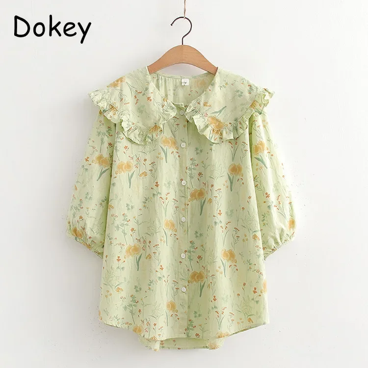 Vintage Peter Pan Collar Shirt for Women, Kawaii Flower Shirts, Casual Button Up, Short Sleeve, Lolita Blouses, Korean Loose Top