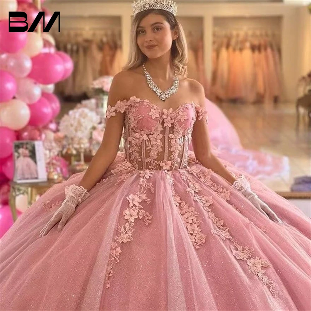 Off Shoulder Quinceanera Dresses Ball Gown 3D Floral Sweet 16 Dresses Luxury Tulle Prom Dresses Long Vestidos De Baile Ball Gown