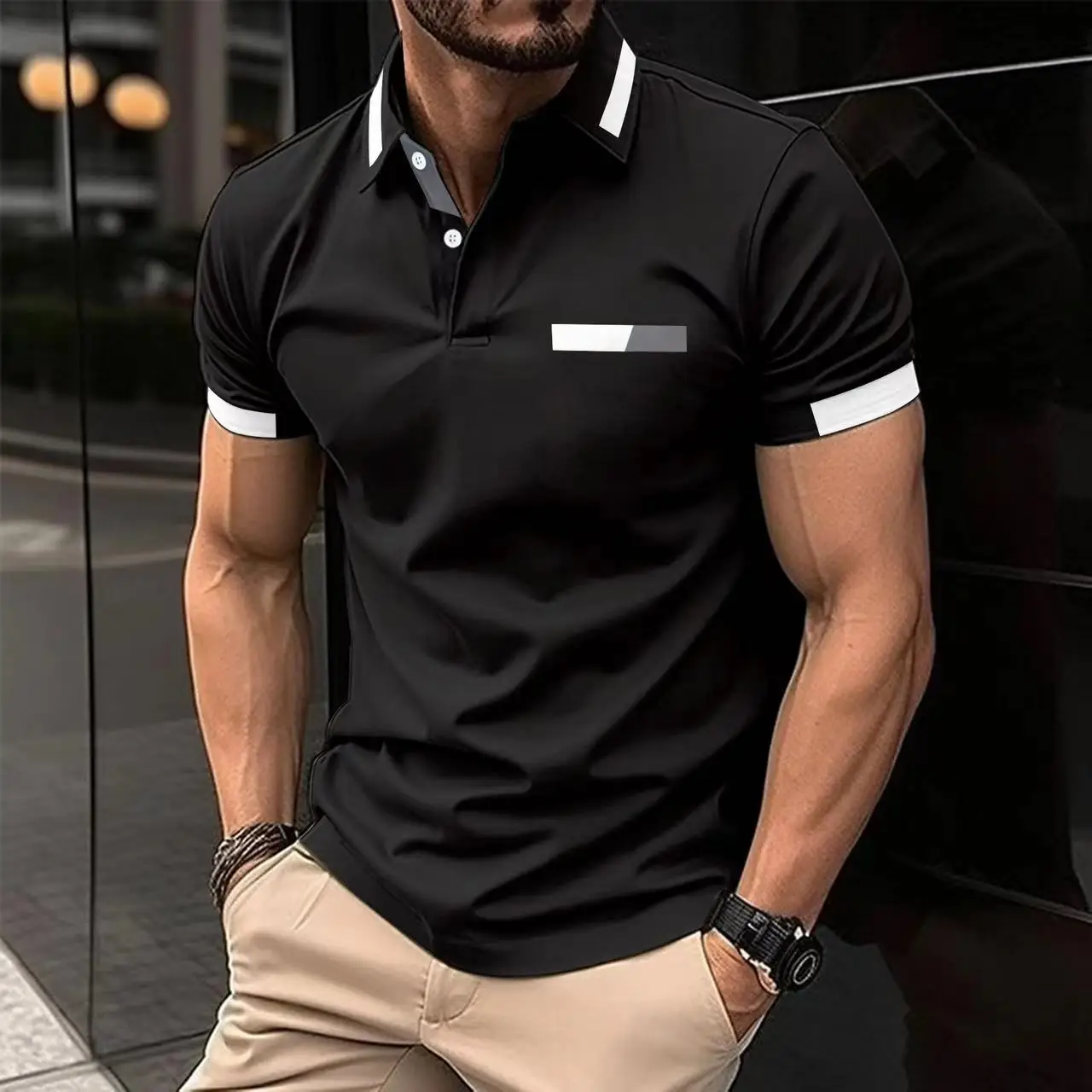 New summer men's casual short-sleeved Polo shirt solid color lapel, fashion, business, sports, breathable, T-shirt top