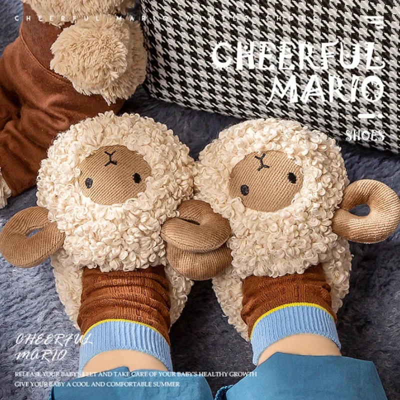 Children Cartoon Sheep Cute Shoes Soft Autumn Winter Warm Boys Girls Baby Plush Fur Non-slip Slipper Heel Wrap Home Flat Shoes