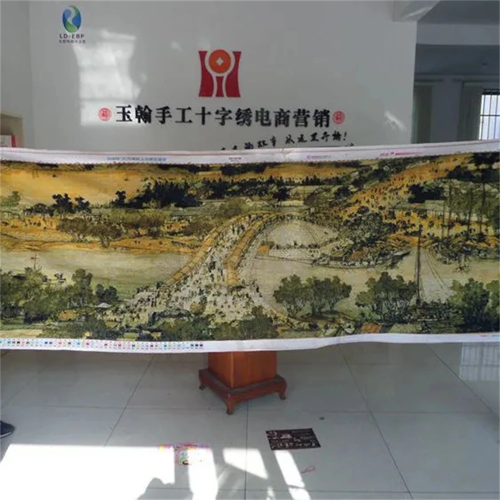 Pure handmade Cross-stitch finished product embroidery of the Qingming River landscape living room decoration painting