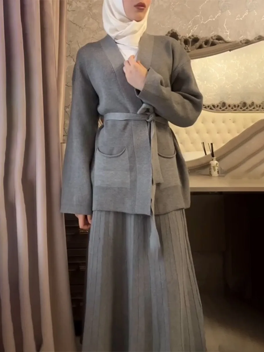 Women Two Piece Set Muslim Autumn Knit Lace-shirt Shirt Skirt Suits Ramadan Morocco Dubai Abayas Islam Outfits Jalabiya Ensemble