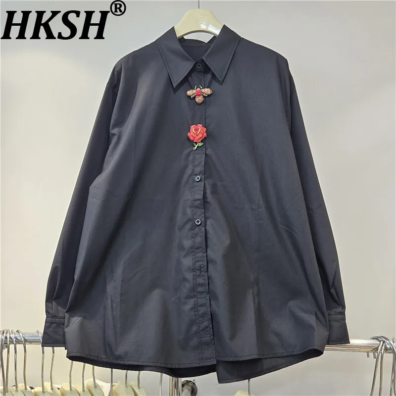 

HKSH Spring Autumn New Women Shirt Three-Dimensional Flower Diamonds Button Turn-down Collar Elegant Chic Blouse Ins Top HK13284