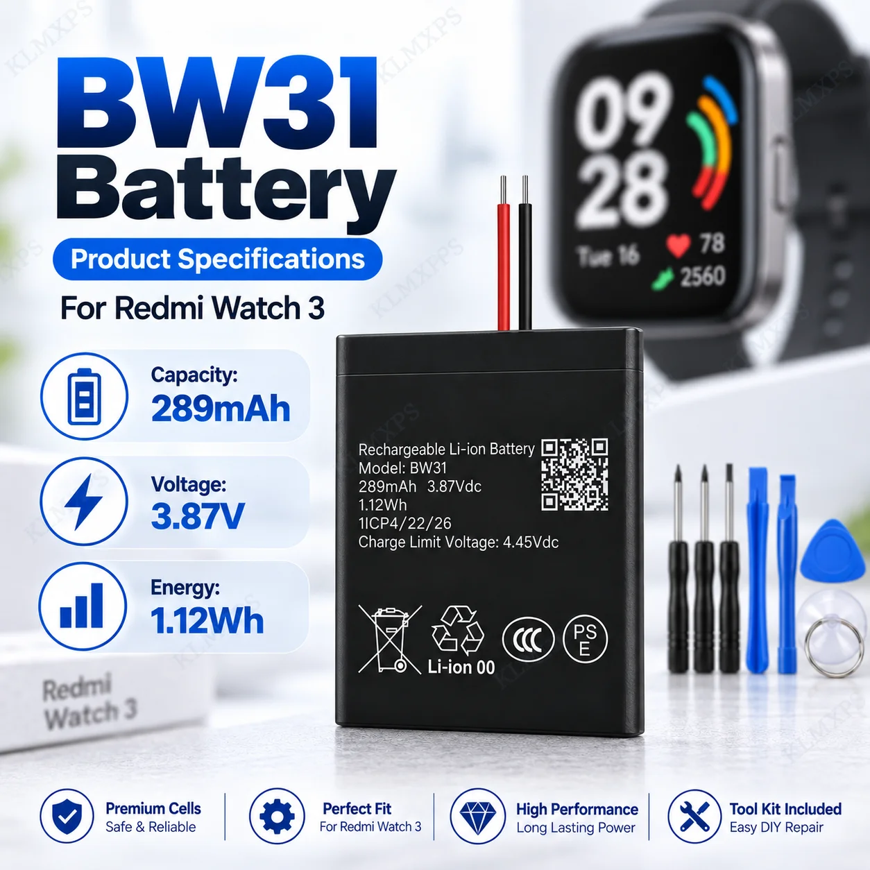 BW31 Battery 289mAh 3.87V Li-ion Polymer Rechargeable Battery Replacement for Redmi Watch 3 Smartwatch with Repair Tool Kit