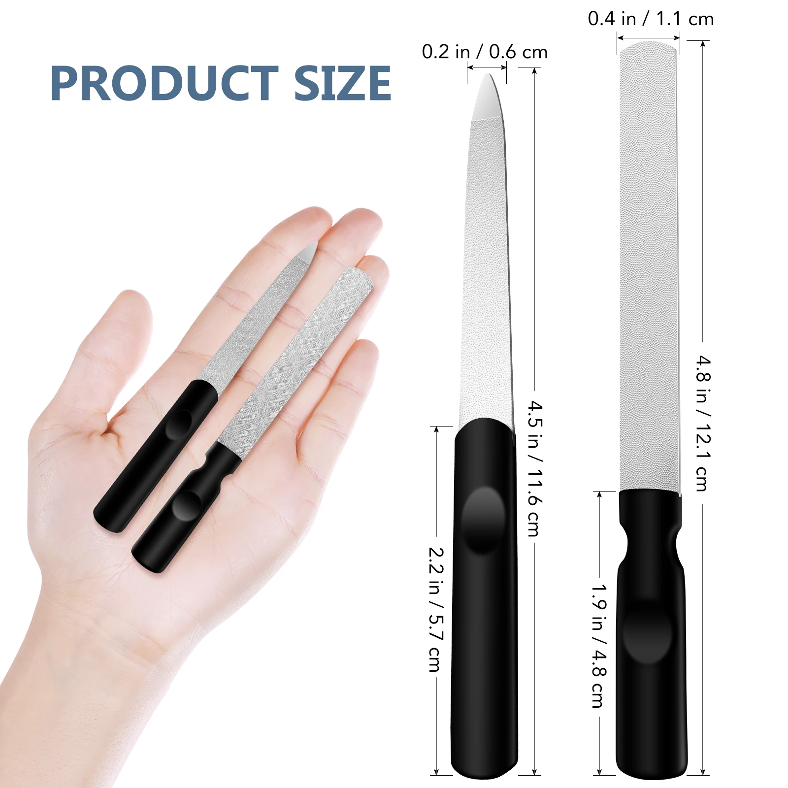 

2 Pcs Stainless Steel Nail File Gun Black Handle Durable Non Slip Portable Salon Home Travel Case Metal Files For
