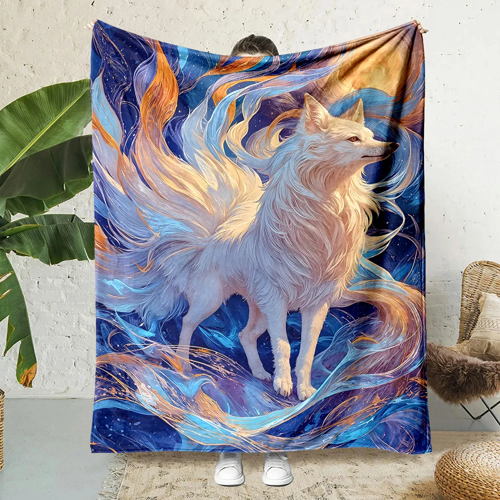 Cosmic night nine tailed fox luminous swirls Print Blanket Warm Soft Fluffy Kids Adult Sofa Bed Throw Outdoor Travel Camping RV