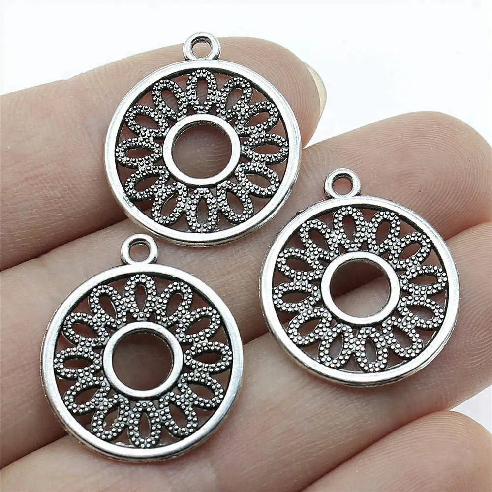 10pcs/lot 24x21mm Round Hollow Circle Earrings Charms For Jewelry Making Antique Silver Color 0.94x0.83inch