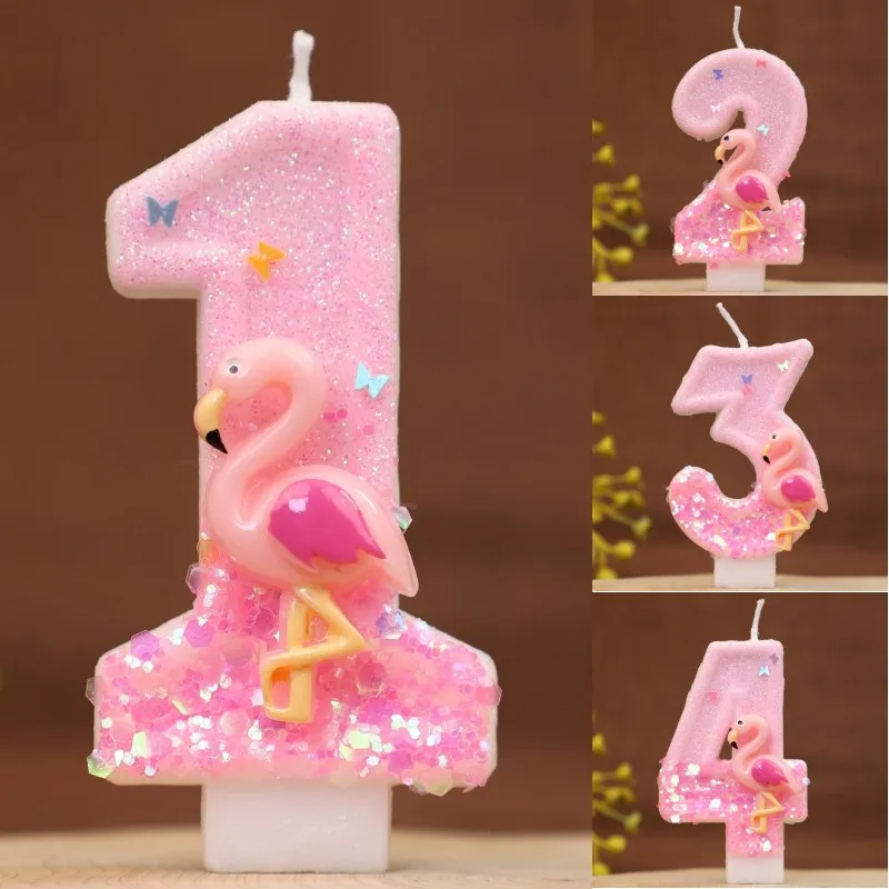 Flamingo Rosa Glitzer Geburtstagstorte Zahlenkerzen 0-9 Kreative bunte Kerzen für Mädchen Happy Party Dekorationszubehör