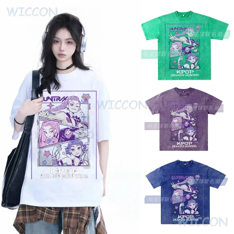 

Anime K-Pop Demon Rumi Hunters Mira Zoey Cosplay Oversize Washed T-shirt Women Men Vintage O-Neck Short Sleeve T-Shirts