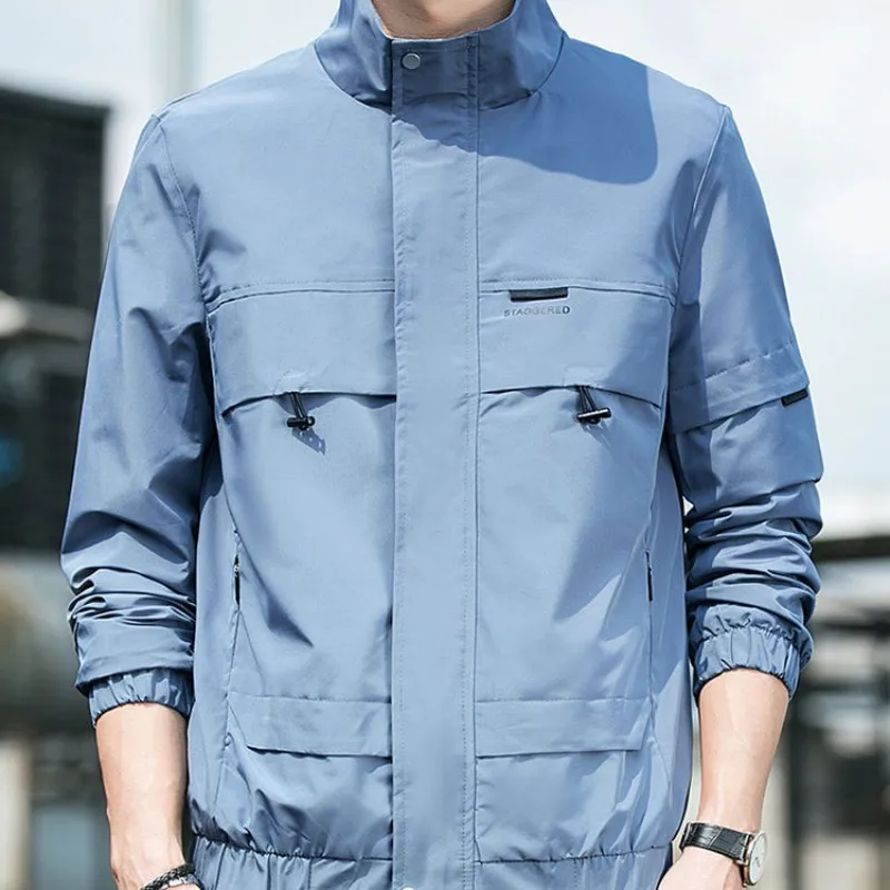 Spring Autumn Causal Men's Zipper Jacket Long Sleeve With Pockets Solid Color Stand Collar Military Camping Outerwear