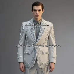 Luxury Peaked Lapel Wedding Groom Shiny Diamond Decoration Men Suit Tuxedos 2 Pieces Male Prom Blazers trajes de hombre elegante