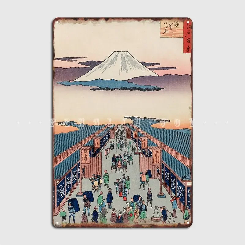 Mount Fuji Above Ancient Street Ukiyo-E Japanese Art Metal Sign Garage Club Decoration Wall Decor Tin Sign Posters