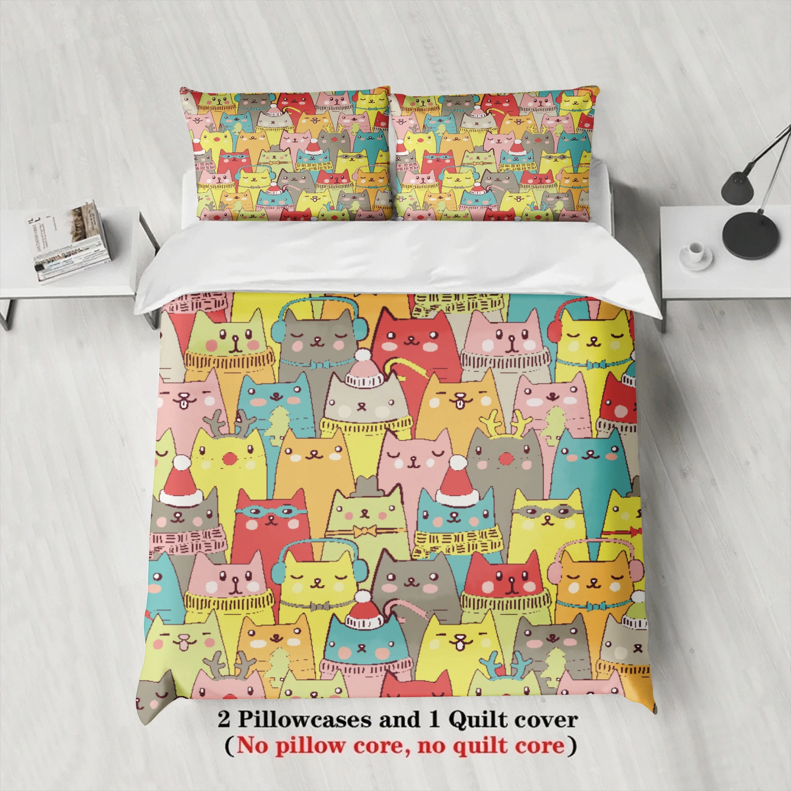 3pcs Colorful Cats Duvet Cover Cartoon Cat Pattern 3DPrint Gifts For Students Girls 100%Polyester Bedding Sets With 2Pillowcases