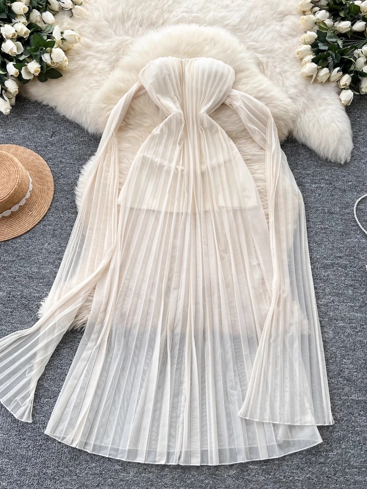Frauen Sexy Weg Von Der Schulter Strand Kleid Sommer Ärmellose Französisch Band Plissee Chiffon Lange Kleider Damen Elegante Lange Robe