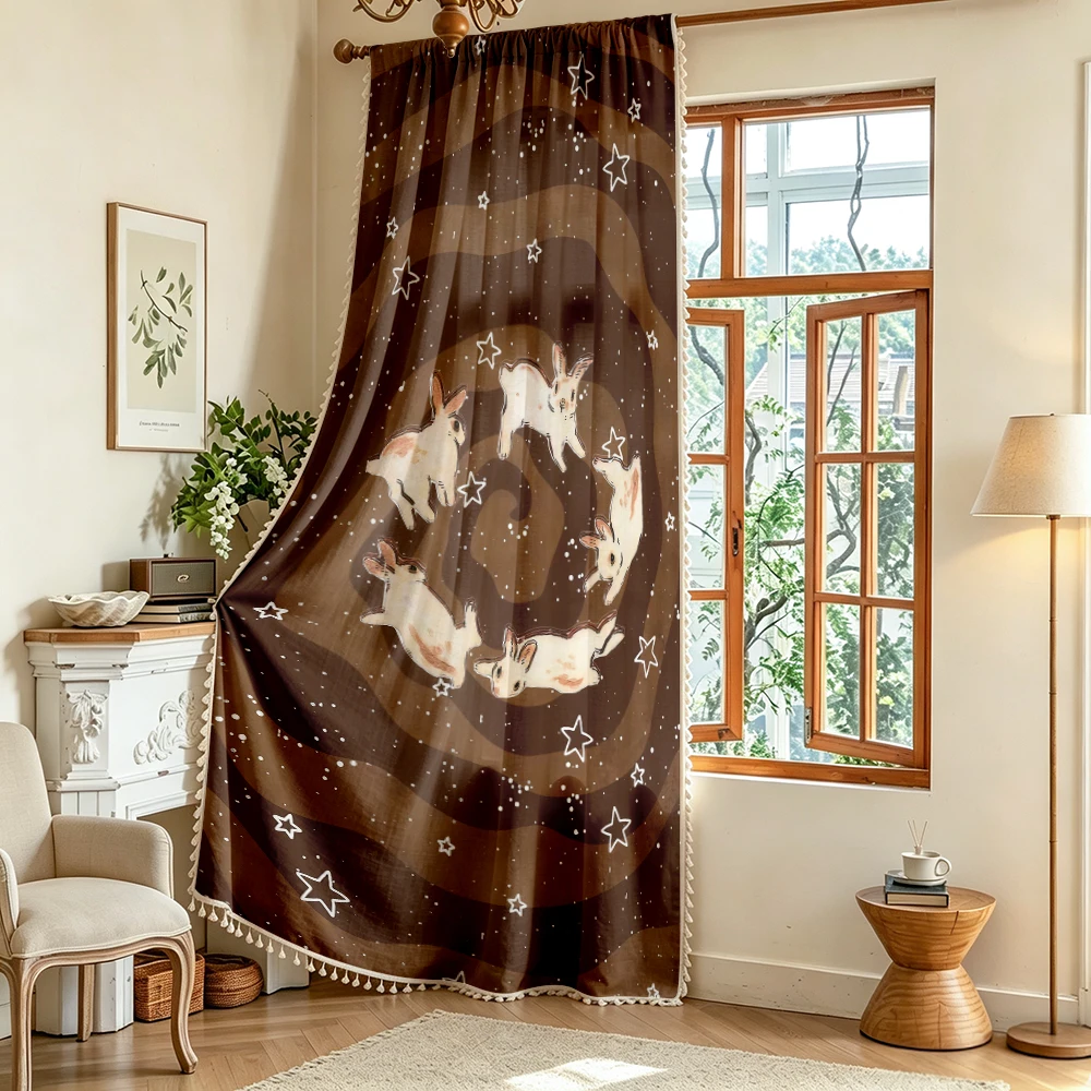 1PC Farmhouse Tassel Sheer Curtains, Rabbits Stars, Digital Print, Linen Polyester, for Bedroom Living Room Window, Room Decor