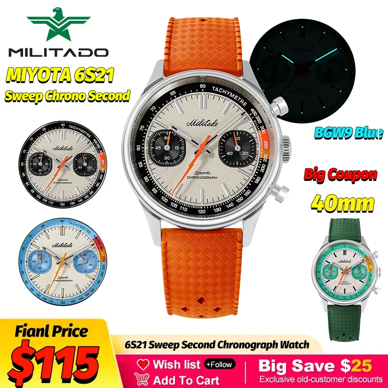 Militado ML23 40Mm Vintage Chronograph Watch Miyota 6S21 Sweep Quartz 100M Waterproof Bgw9 Sapphire Luminous Mens Sports Watch