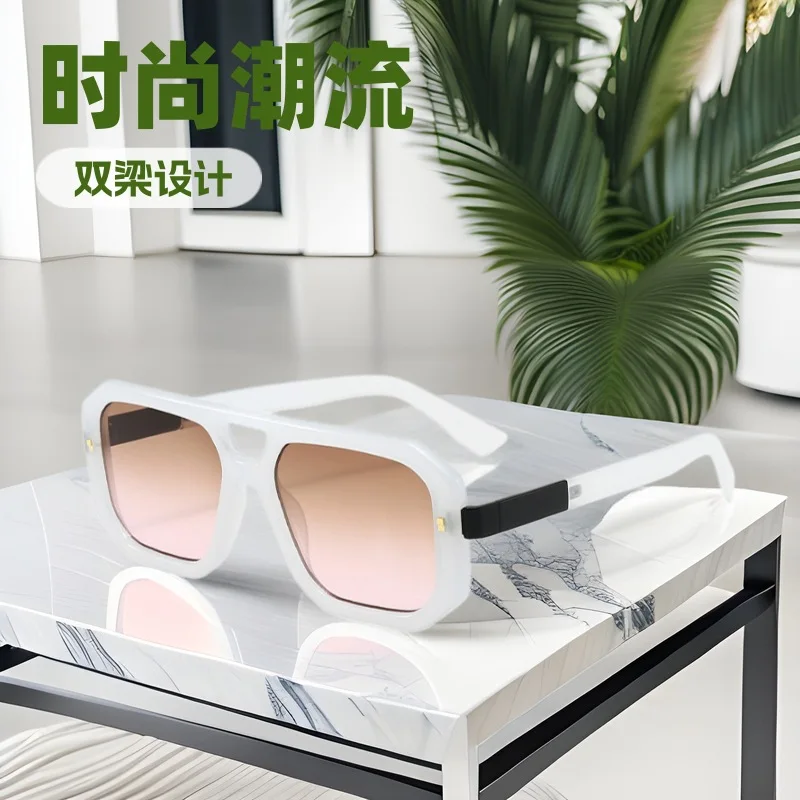 

Unisex Luxury Double Bridge Square Sunglasses Transparent Gradient Designer Rivet Geometric Frame Minimalist Scroll Eyewear