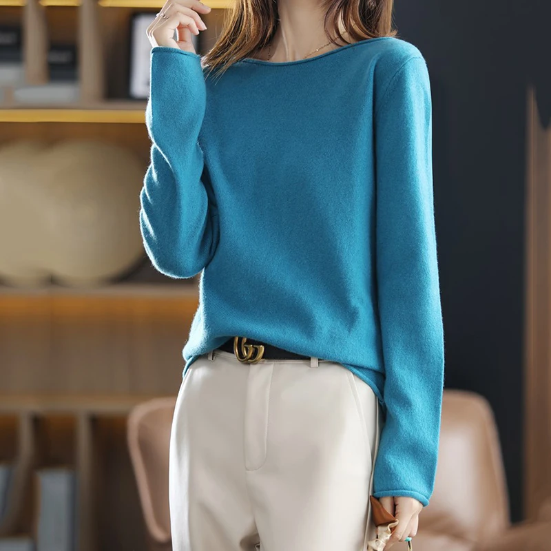 

CHICUU Autumn Winter Women Basic Pullover Sweater 100% Merino Wool Knitwear Slash Neck Solid Soft Comfort Cashmere Sweater Tops