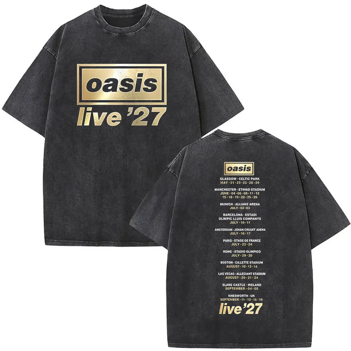 Rock Band O-Oasis Live 27 Tour Vintage Washed T Shirt Men's Hip Hop Punk Short Sleeve T-shirts Gothic Fashion T-shirt Streetwear